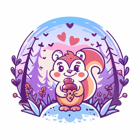 Cute squirrel holding acorn in a dreamy forest sceneのイラスト素材