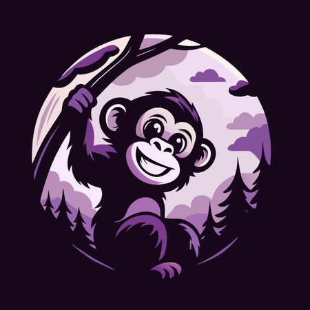 Cartoon monkey hanging from a tree in a forest circleのイラスト素材