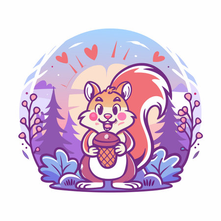 Cute squirrel holding acorn, forest backdropのイラスト素材