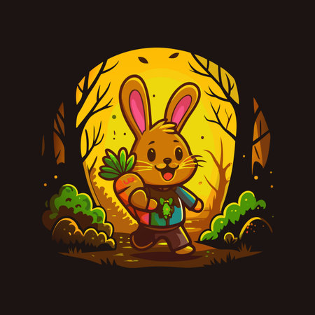 Cartoon rabbit holds carrot in magical, dark forestのイラスト素材
