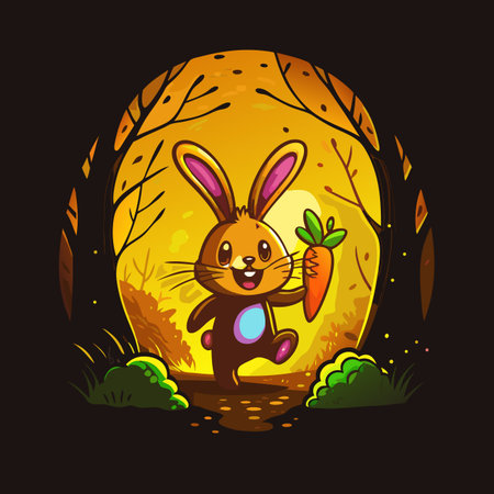 Cartoon rabbit carrying carrot, walking in autumn sceneのイラスト素材