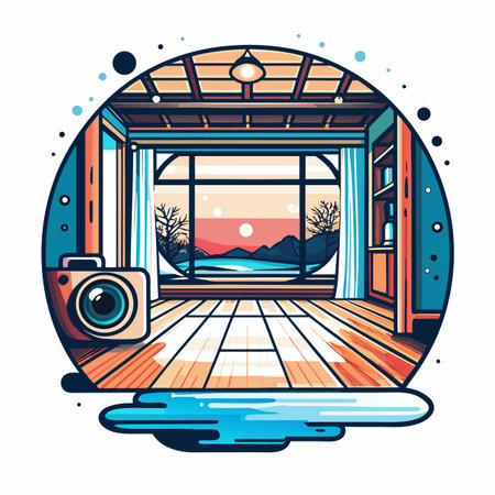 Room view Camera captures serene nature&#39;s sunset viewのイラスト素材