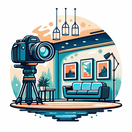 Studio Camera, furniture, and artwork in cozy room sceneのイラスト素材