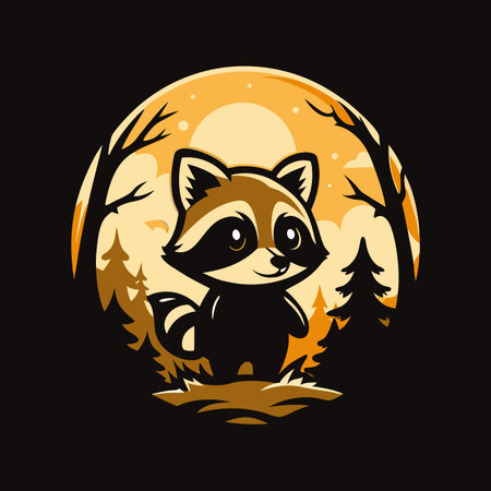 Cute cartoon raccoon against forest moon backdropのイラスト素材
