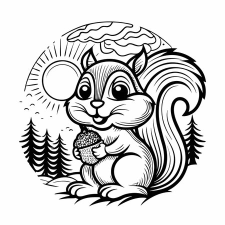 Cute squirrel with acorn in forest. Black &amp; white outlineのイラスト素材