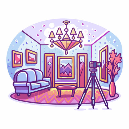 Cartoon room sofa, paintings, coffee table, chandelier, cameraのイラスト素材