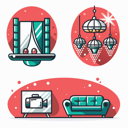 Icons of room elements window, lights, tv, sofaのイラスト素材