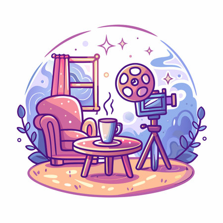Cozy cartoon room armchair, camera, coffee, and window viewのイラスト素材