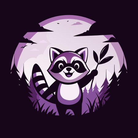 Raccoon with leaf in woods at night illustrationのイラスト素材
