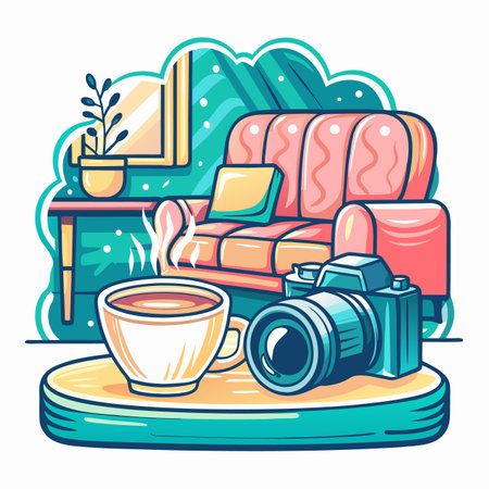 Warm drink, camera, and a sofa. Cozy home illustrationのイラスト素材