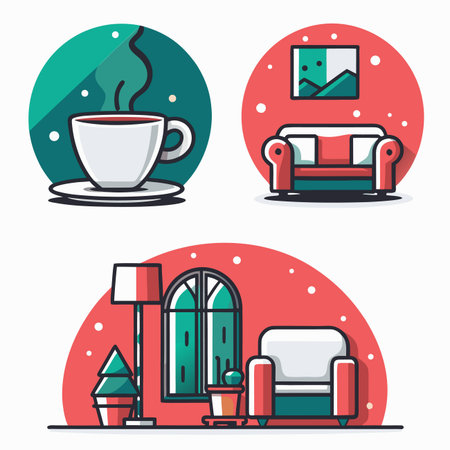 Cozy room. Couch, coffee cup, plant, window, lamp, chair insideのイラスト素材