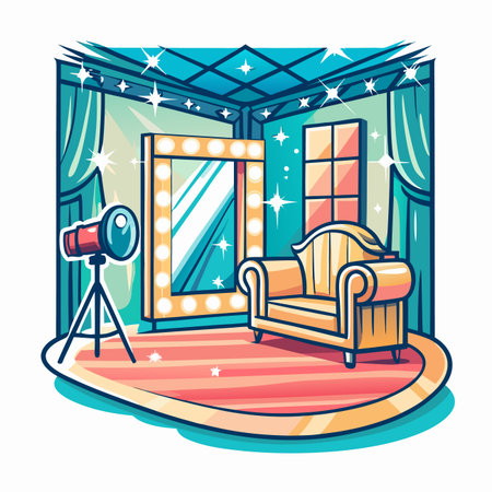 Studio Cozy room with sofa, mirror, lights, camera &amp; curtainsのイラスト素材