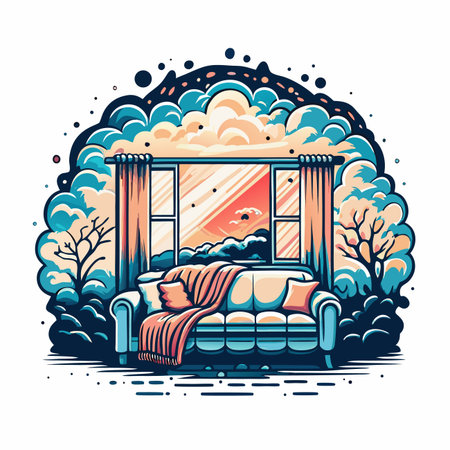 Cozy couch scene with window and calming nature viewのイラスト素材