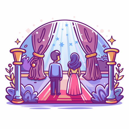 Couple gazing at starry sky through curtains, on a red carpetのイラスト素材