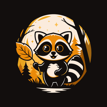 Cute raccoon holding leaf, moon backdropのイラスト素材