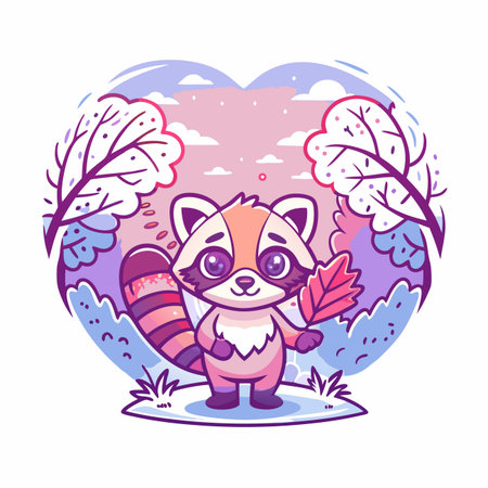 Cute raccoon holding leaf in heart-shaped nature sceneのイラスト素材