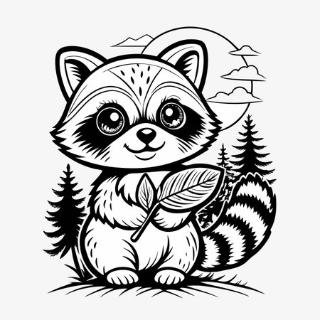Raccoon illustration with leaf, trees, and moon outlineのイラスト素材