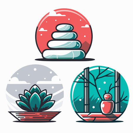 Icons stones, plant, pot. Minimalist, clean, circular, designのイラスト素材
