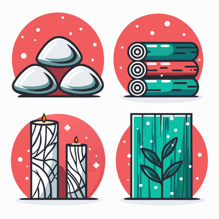 Spa icons Stones, towels, candles, plant, red circle backgroundのイラスト素材