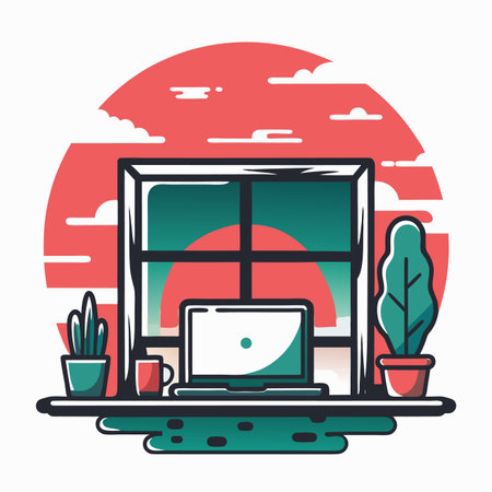 Workspace view through window with plants and laptopのイラスト素材