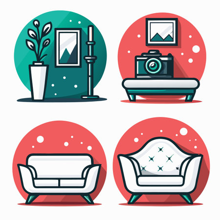 Room decor elements plant, couch, camera, lamp, chairのイラスト素材