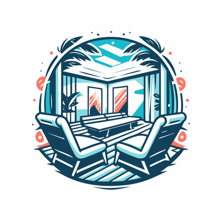 Deck chairs &amp; building. Palms border the imageのイラスト素材