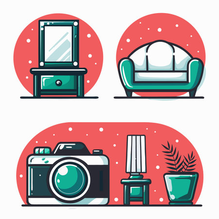 Icons Furniture, camera, lamp and plant on red backgroundsのイラスト素材