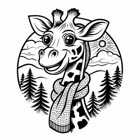 Giraffe wearing scarf in black &amp; white. Round imageのイラスト素材