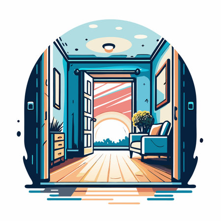 Bright entry hall with open door and scenic viewのイラスト素材