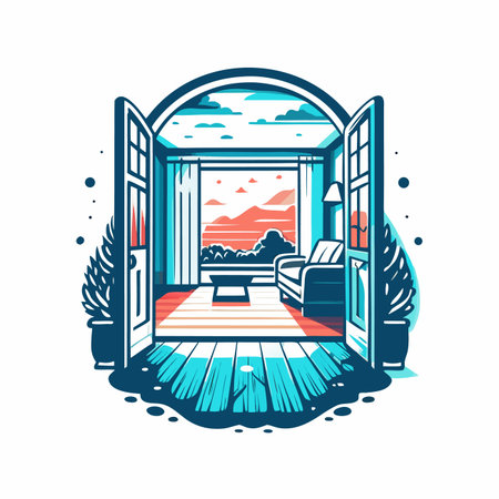 Cozy room with open doors leading to scenic viewのイラスト素材