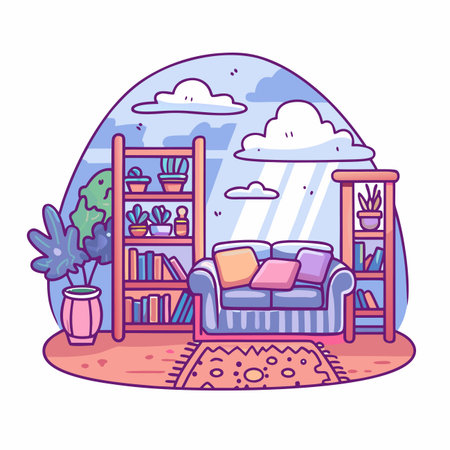 Cozy interior sofa, shelves, plants, clouds, cute styleのイラスト素材