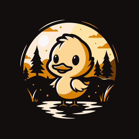 Cartoon duckling in nature scene, minimalistのイラスト素材