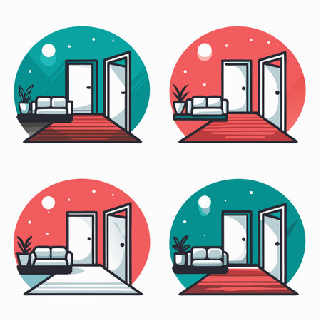Rooms Four scenes, couch, door, plants, stairs, interiorのイラスト素材
