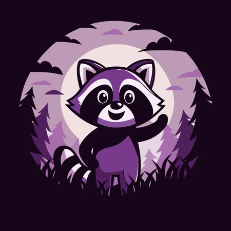Waving cartoon raccoon with moon and trees behind itのイラスト素材