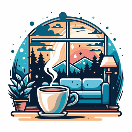 Cozy view cup, sofa, window, nature, mountains and cloudsのイラスト素材