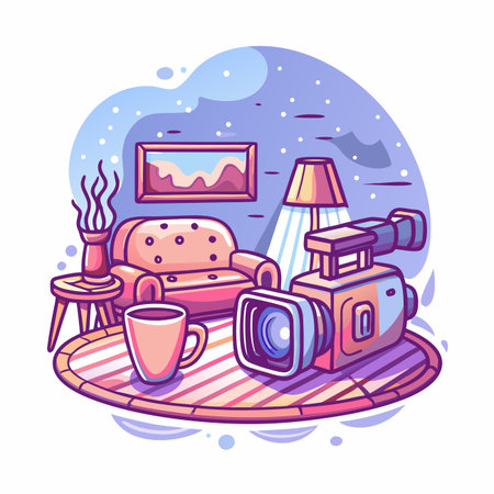 Room with camera, armchair, lamp, table, mug, and wall artのイラスト素材