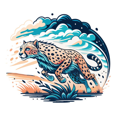 Stylized Cheetah Sprints Forward With Vibrant Blues And Peach Tones Design Artのイラスト素材