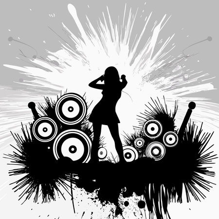 A woman silhouette dances with headphones in a black and white graphic style.のイラスト素材