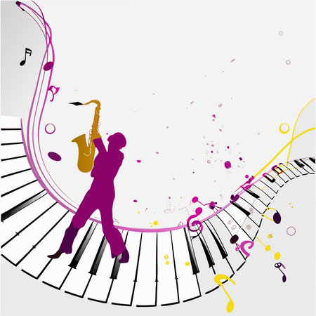 Stylized music scene displays a saxophonist atop piano keys with notes floatingのイラスト素材