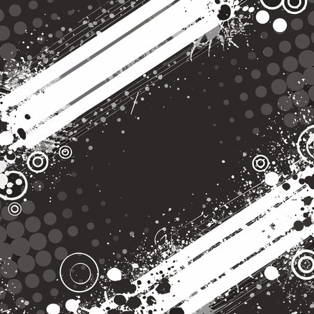 Abstract monochrome grunge design featuring circles, splatters, and stripes.のイラスト素材