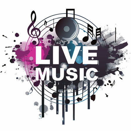 Vibrant graphic of live music featuring a speaker, musical notes, and color.