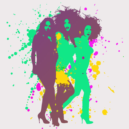 Three women are showcased in vibrant silhouettes with paint splatter details.のイラスト素材