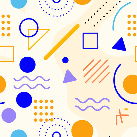 Playful geometric shapes create a modern and vibrant abstract pattern design.のイラスト素材