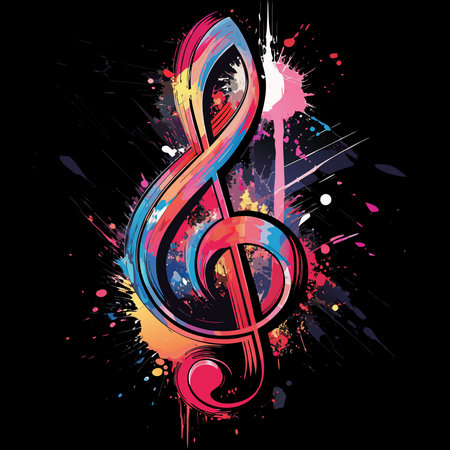 Colorful treble clef explodes with musicality against a bold black backdrop.