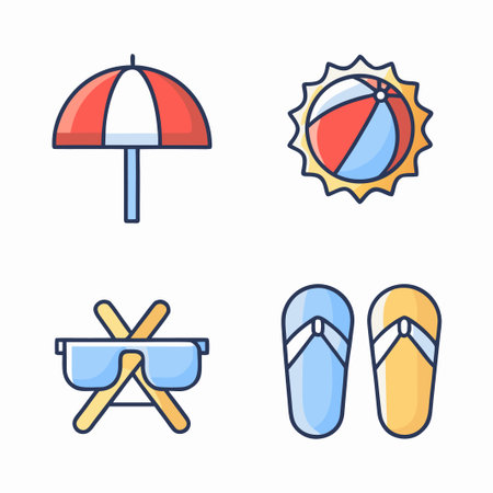 Cheerful summer icons: beach umbrella, ball, sunglasses, flip-flopsのイラスト素材
