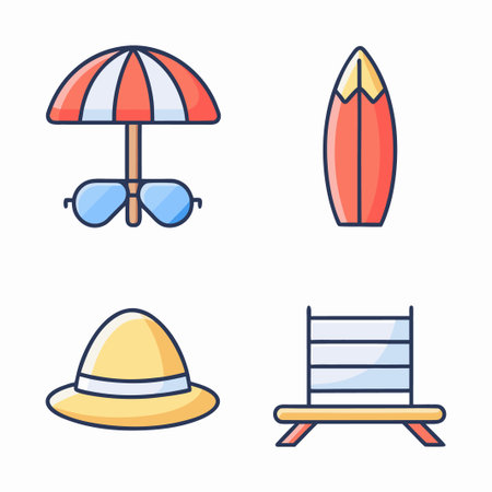 Vibrant summer icons: beach umbrella, surfboard, sunglasses, hatのイラスト素材