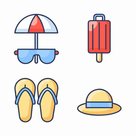 Vibrant summer vacation icons: beach umbrella, sunglasses, flip-flops, and hatのイラスト素材