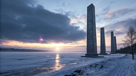 Sunrise over frozen lake, tall concrete pillarsの素材