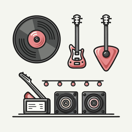Whimsical music collection: Vinyl record, electric guitars and audio speakersのイラスト素材