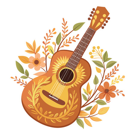 Stylized guitar illustration with floral accents in warm autumnal colors.のイラスト素材